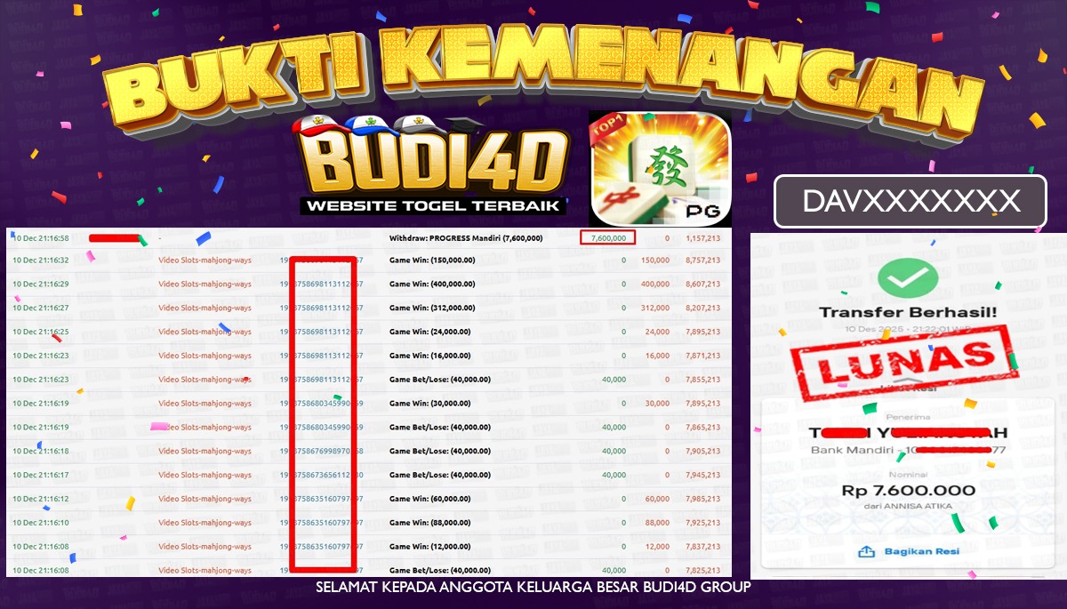 BUDI4D JACKPOT USER ID : DAV*** SLOT PG SOFT ( MAHJONG WAYS ) Rp.7.600.000,- LUNAS